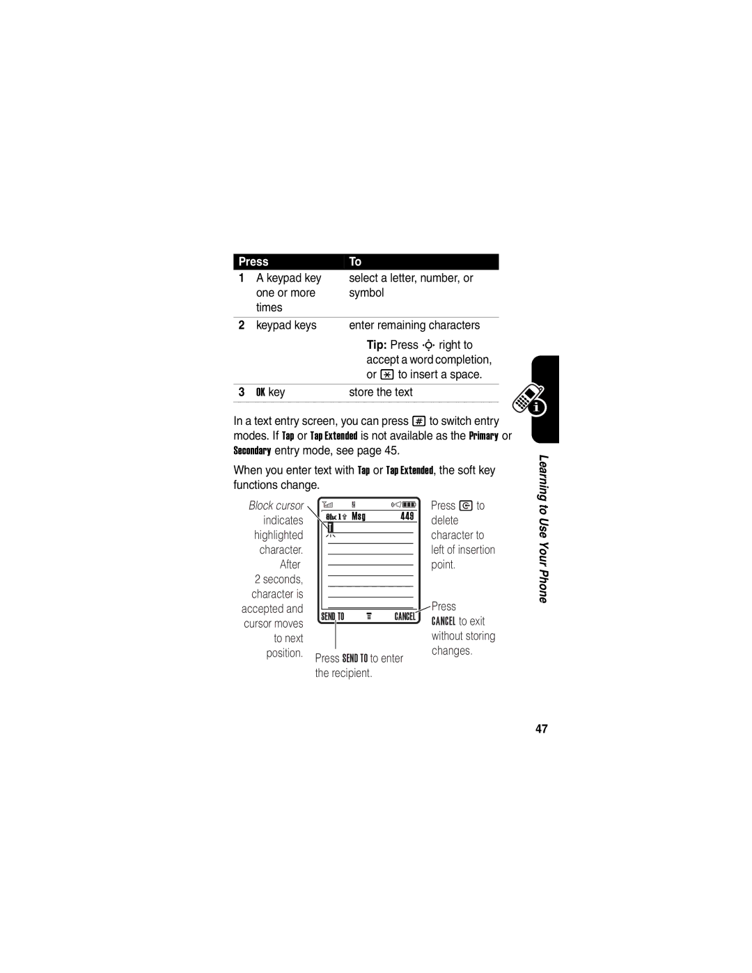 Motorola C975 manual Or * to insert a space, Store the text 