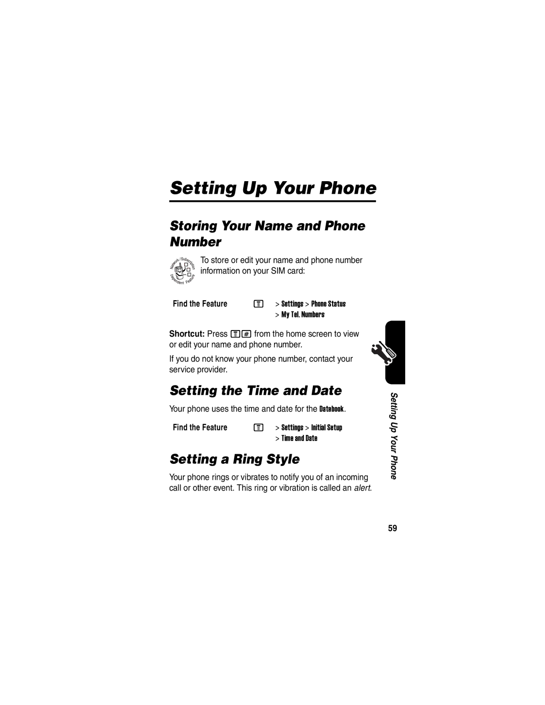 Motorola C975 manual Storing Your Name and Phone Number, Setting the Time and Date, Setting a Ring Style 