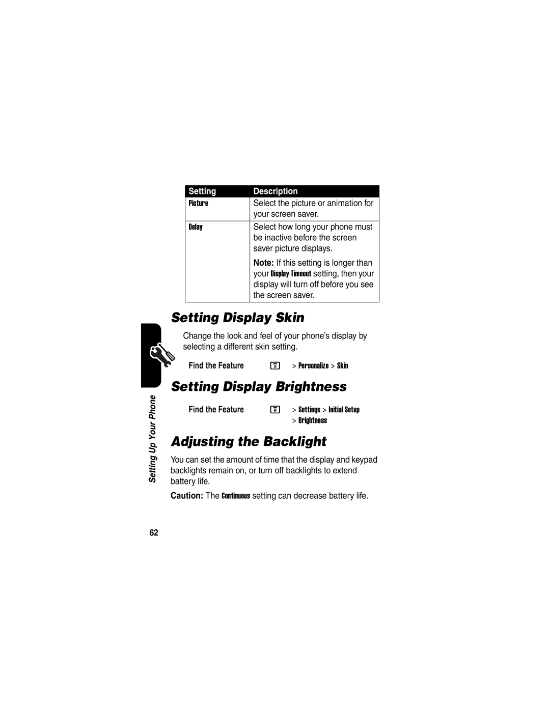 Motorola C975 manual Setting Display Skin, Setting Display Brightness, Adjusting the Backlight 