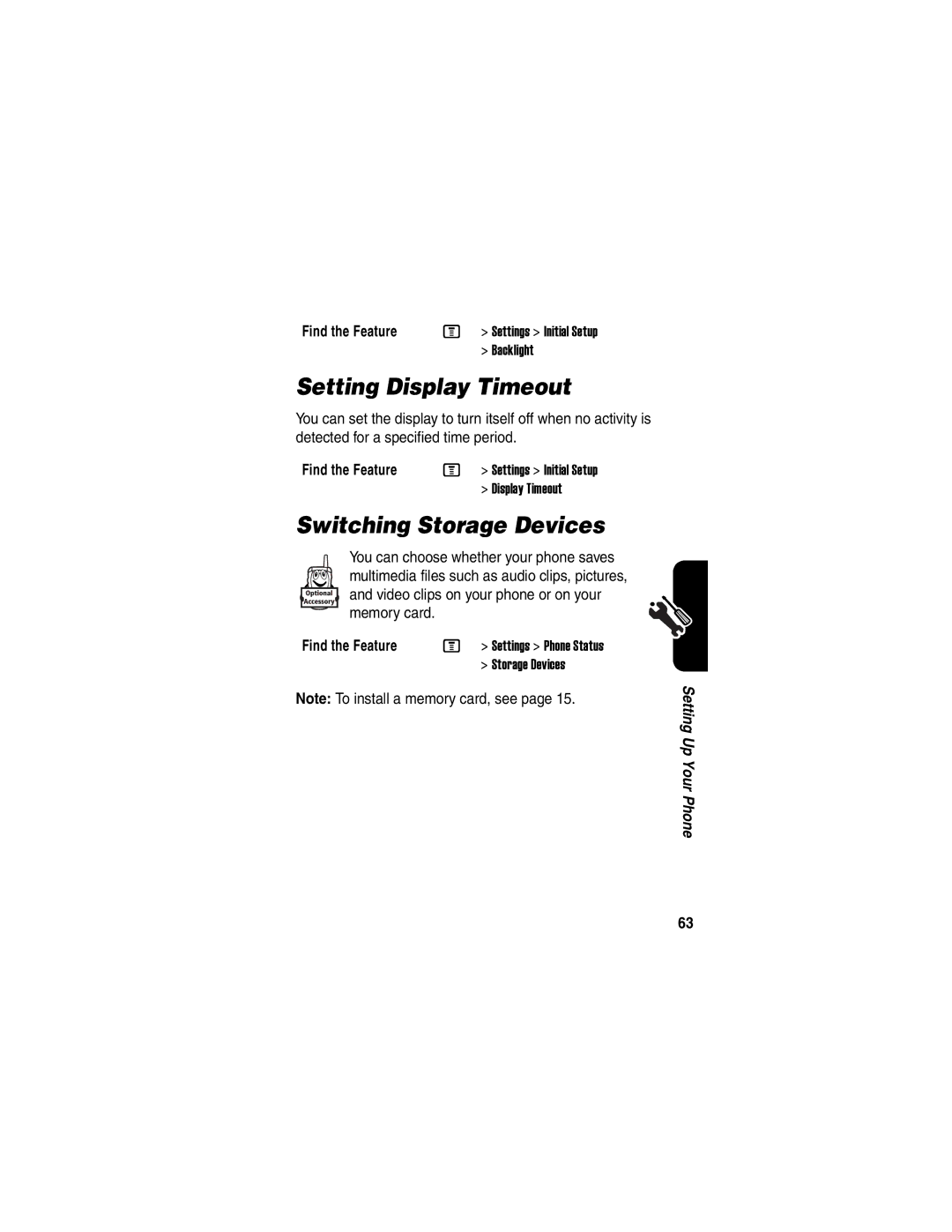 Motorola C975 manual Setting Display Timeout, Switching Storage Devices 