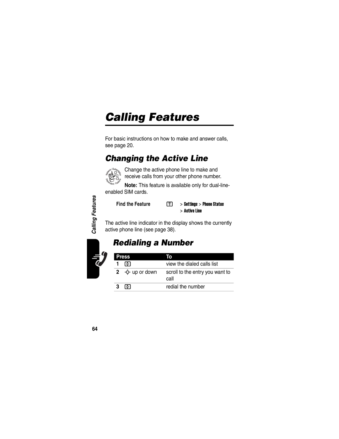 Motorola C975 manual Changing the Active Line, Redialing a Number 