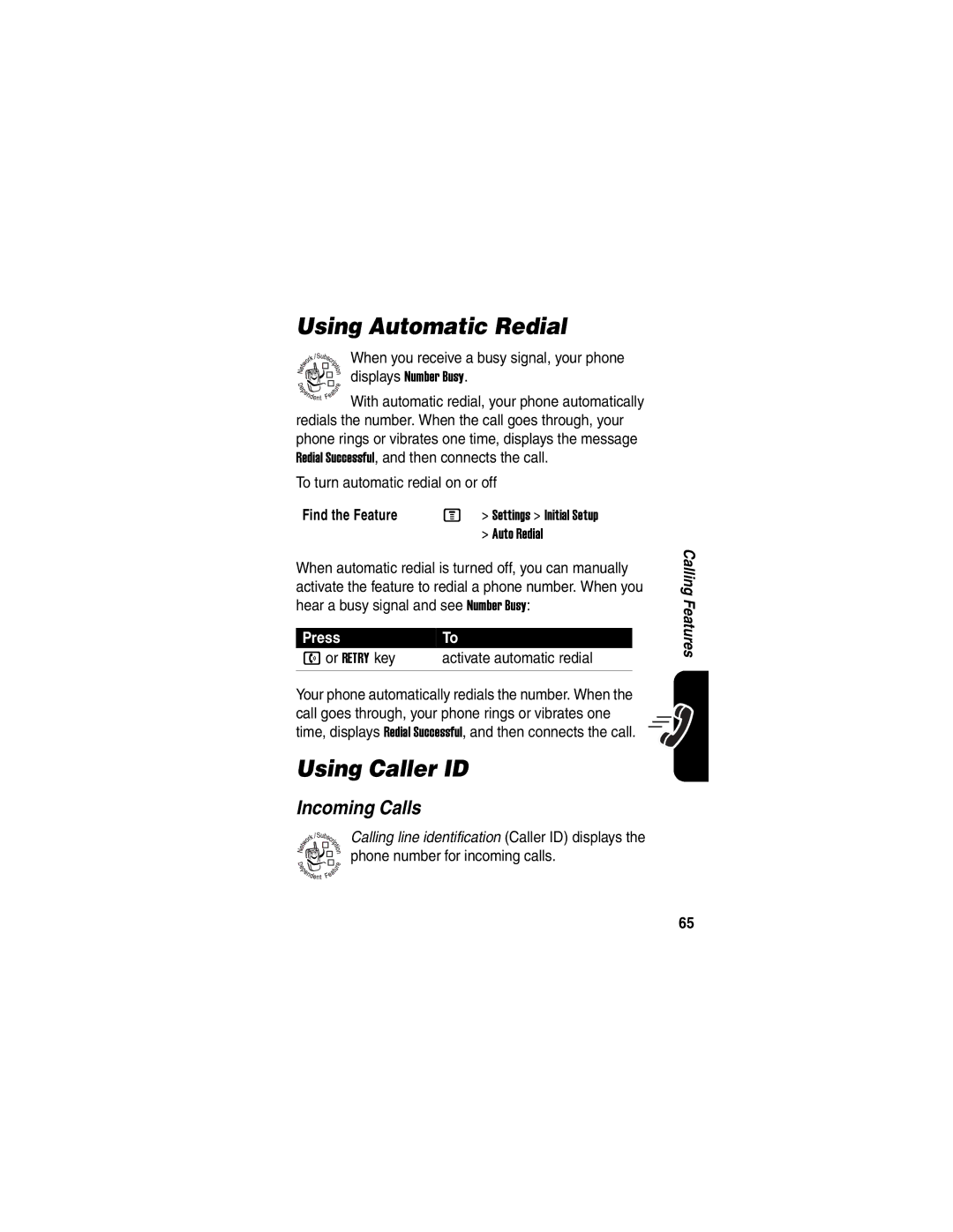 Motorola C975 manual Using Automatic Redial, Using Caller ID, Incoming Calls, Or Retry key Activate automatic redial 