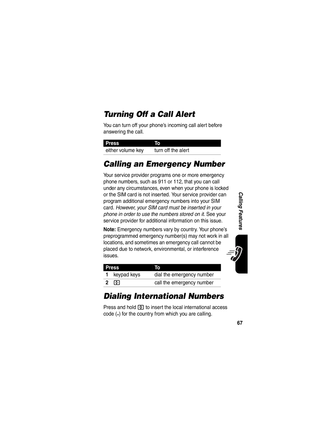 Motorola C975 manual Turning Off a Call Alert, Calling an Emergency Number, Dialing International Numbers 