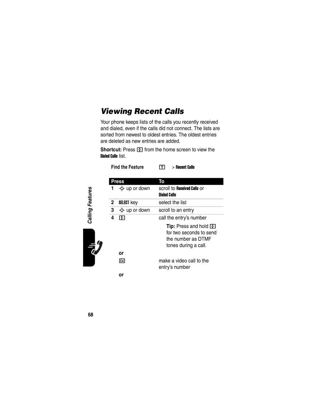 Motorola C975 manual Viewing Recent Calls, Select the list 