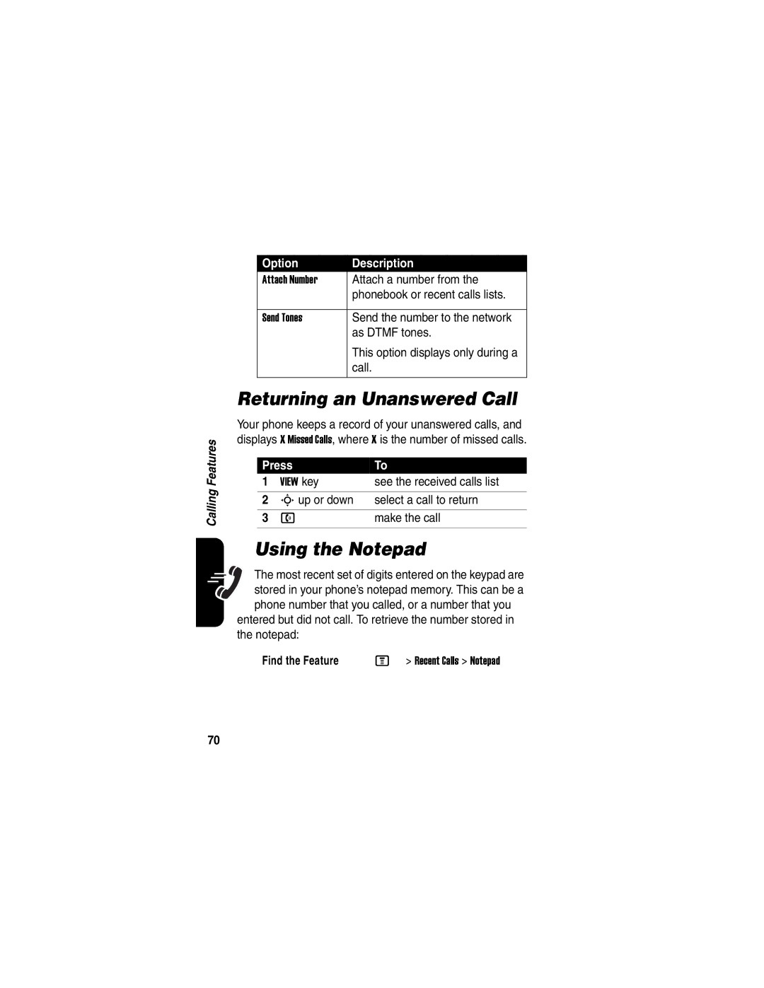 Motorola C975 manual Returning an Unanswered Call, Using the Notepad 