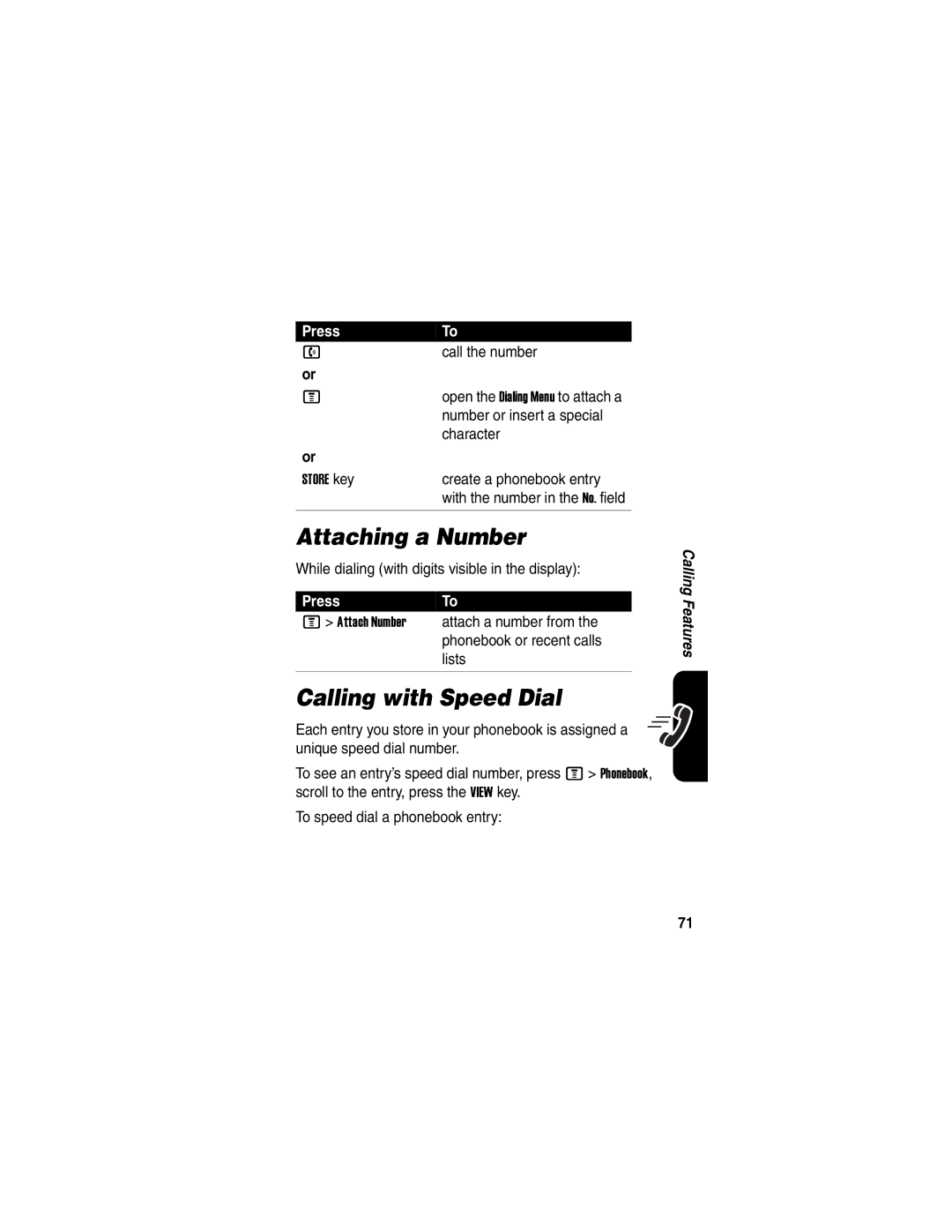 Motorola C975 manual Attaching a Number, Calling with Speed Dial, PressTo 