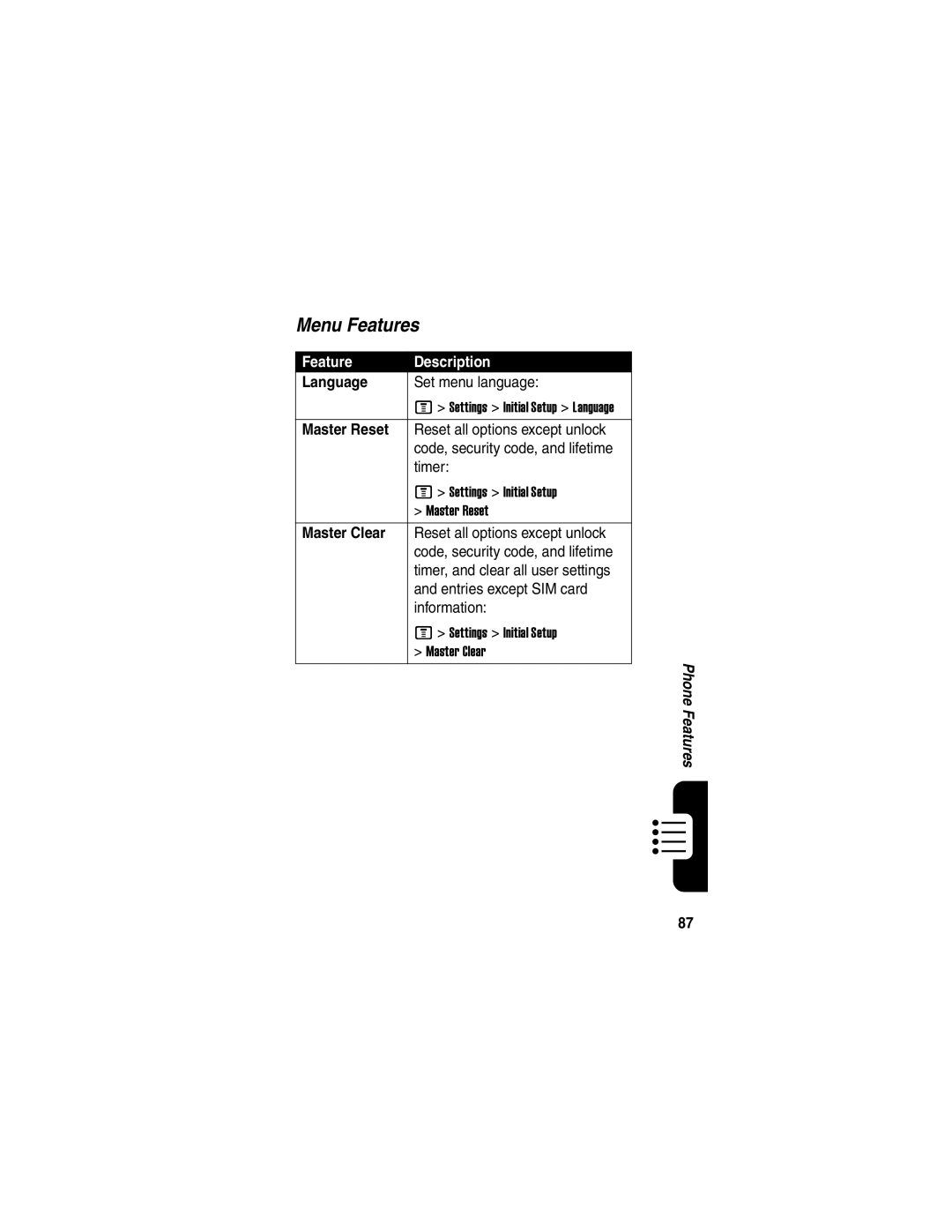 Motorola C975 manual Menu Features, Language, Master Reset, Master Clear 