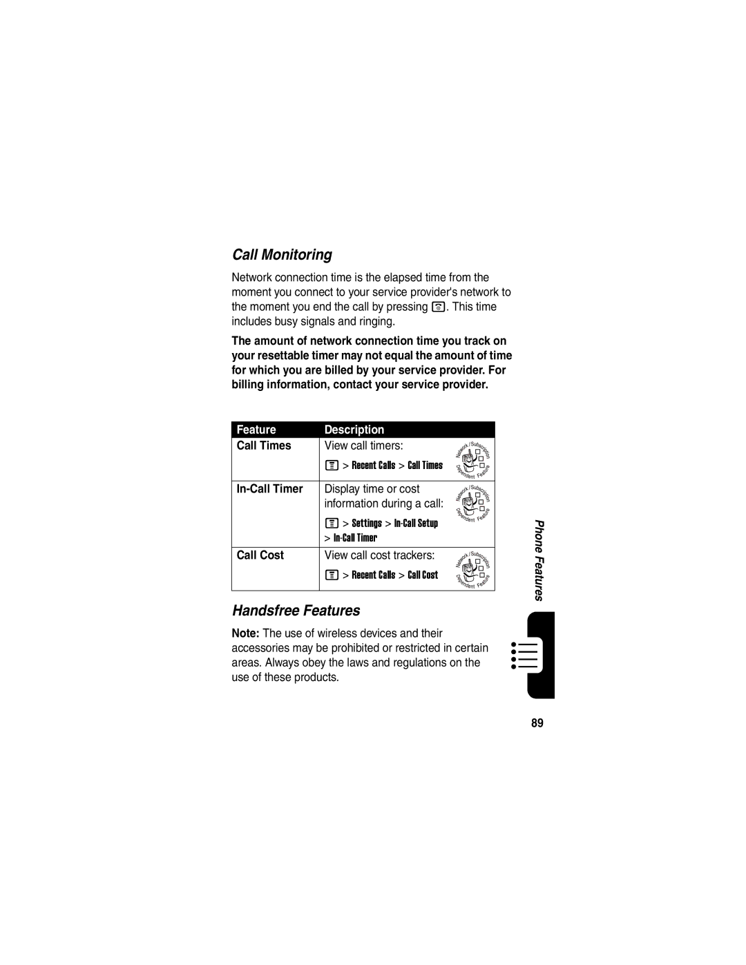 Motorola C975 manual Call Monitoring, Handsfree Features, Call Times, In-Call Timer, Call Cost 