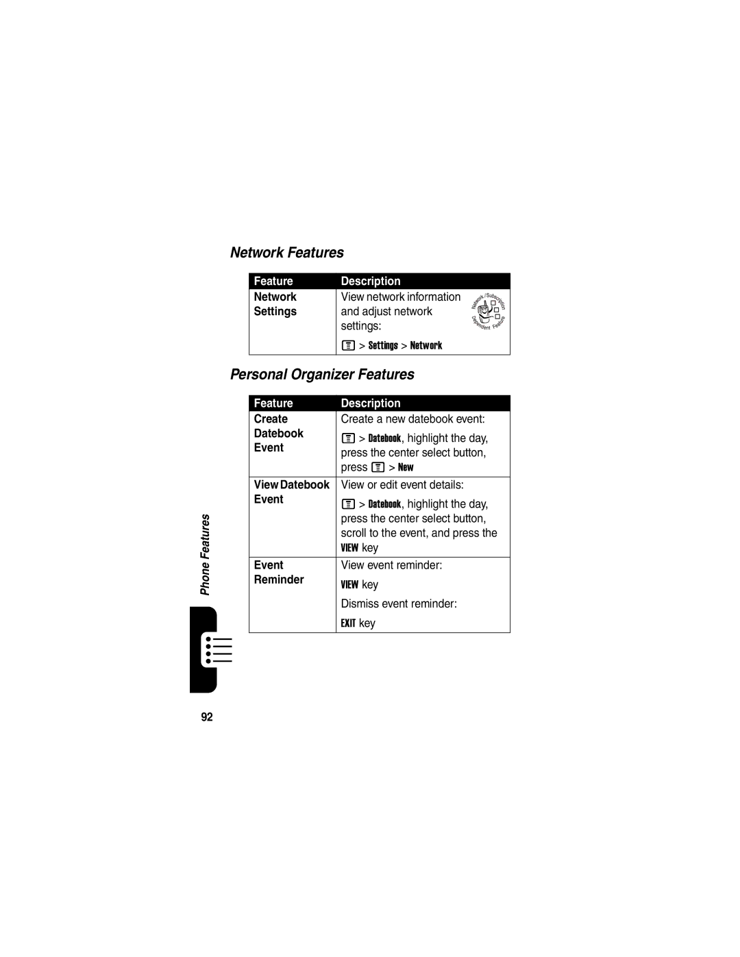 Motorola C975 manual Network Features, Personal Organizer Features 