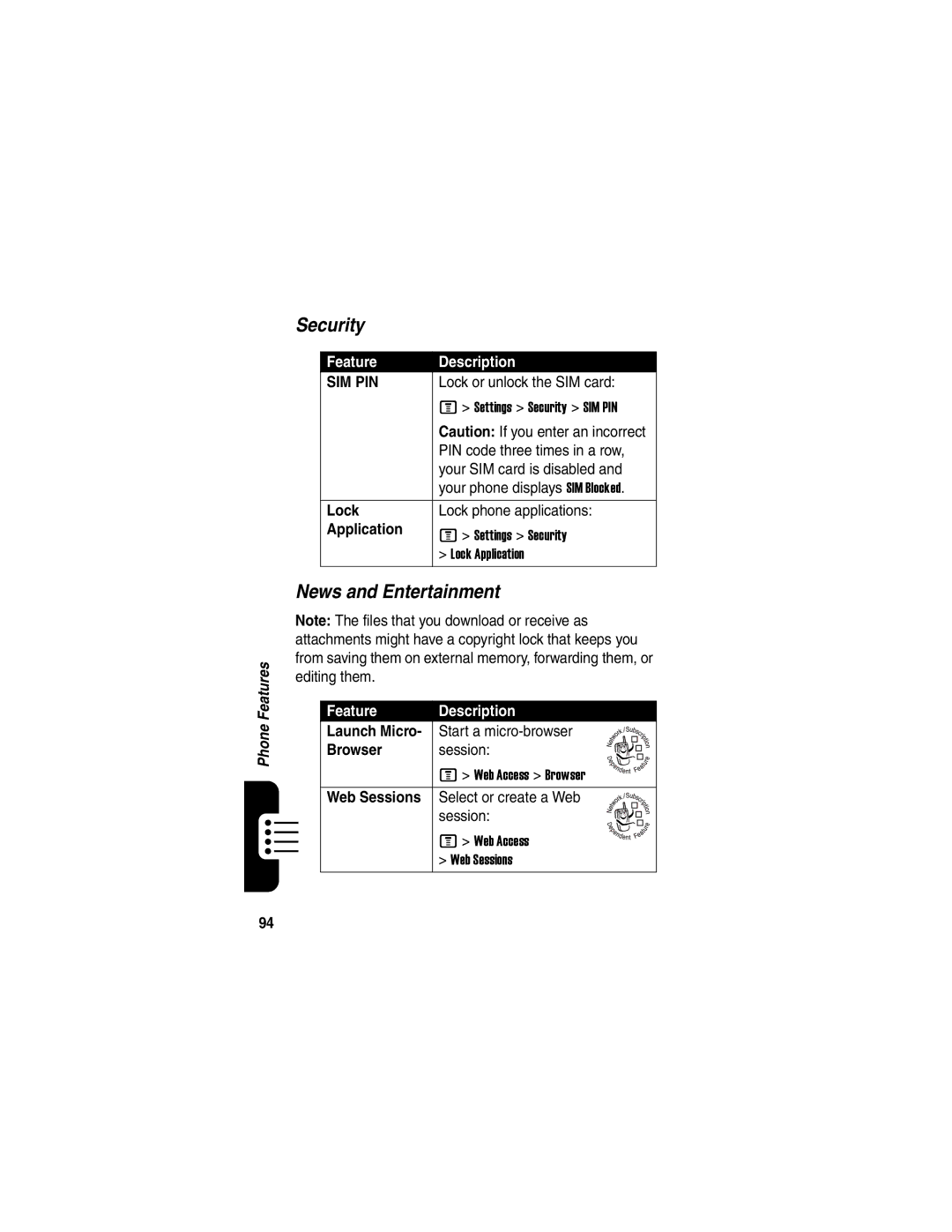 Motorola C975 manual Security, News and Entertainment 