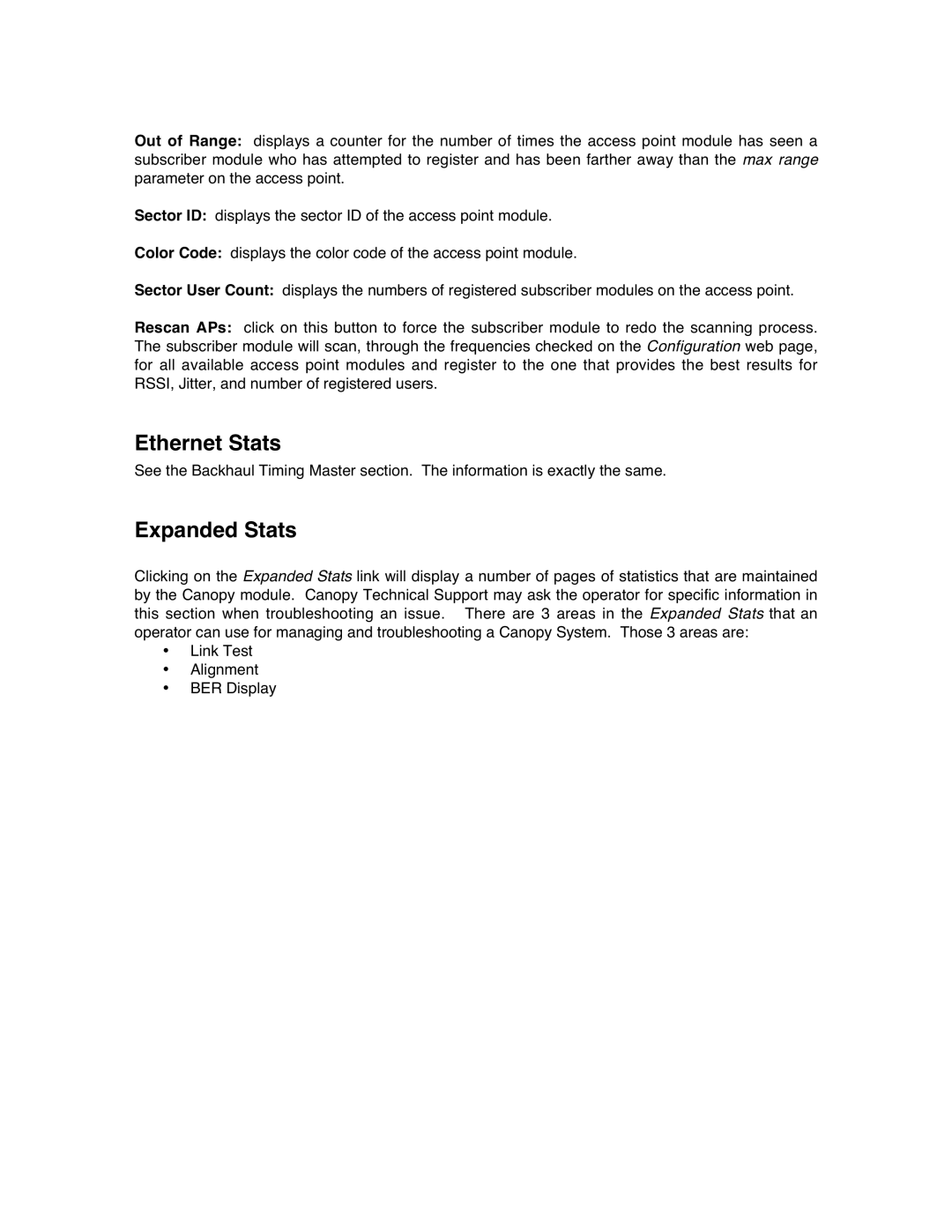 Motorola Canopy Backhaul Module user manual Ethernet Stats 