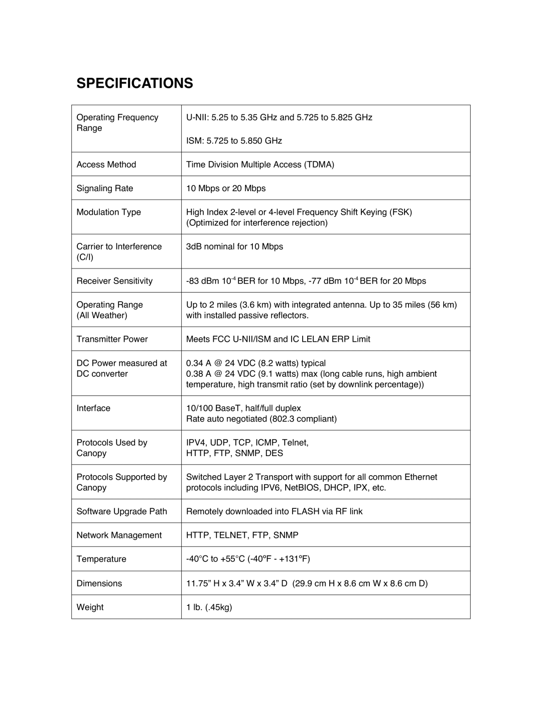 Motorola Canopy Backhaul Module user manual Specifications, Http, Ftp, Snmp, Des 