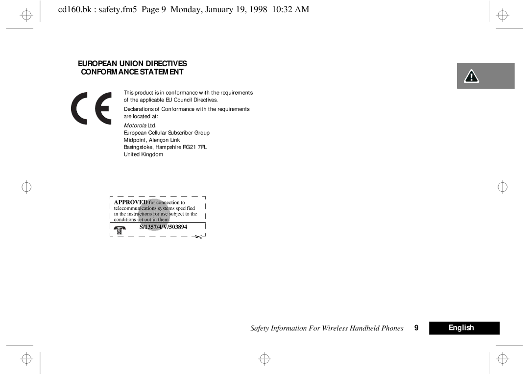 Motorola cd 160 manual Cd160.bk safety.fm5 Page 9 Monday, January 19, 1998 1032 AM 