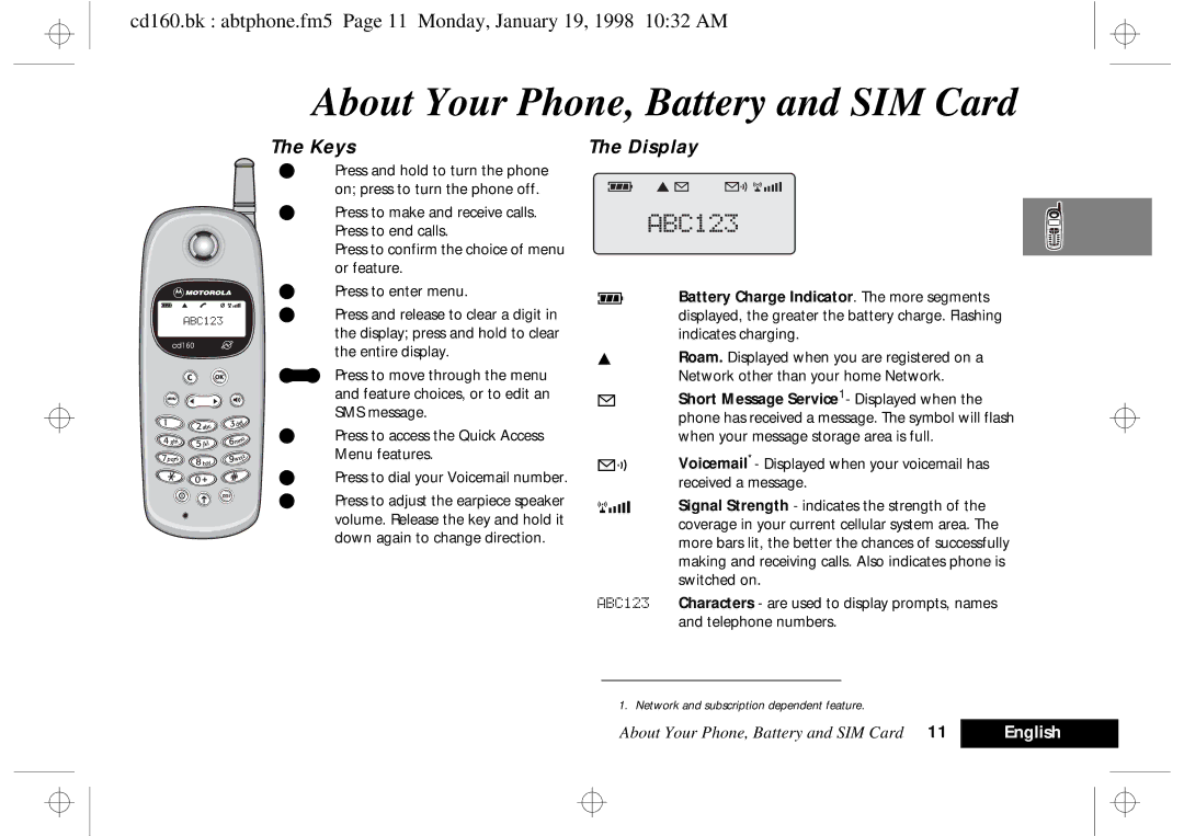 Motorola cd 160 manual About Your Phone, Battery and SIM Card, Keys Display 