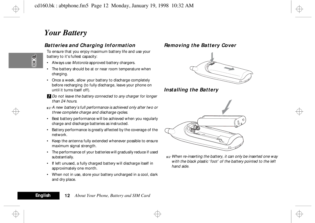 Motorola cd 160 manual Your Battery, Batteries and Charging Information, Removing the Battery Cover Installing the Battery 