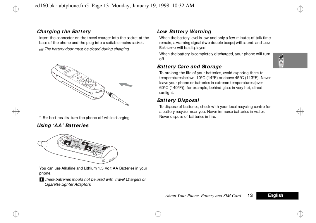 Motorola cd 160 manual Charging the Battery, Using ‘AA’ Batteries, Low Battery Warning, Battery Care and Storage 