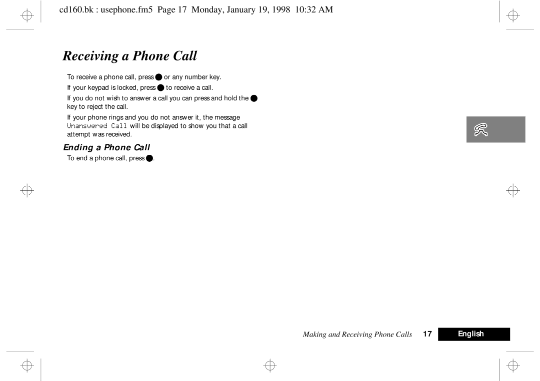 Motorola cd 160 manual Receiving a Phone Call, Ending a Phone Call 