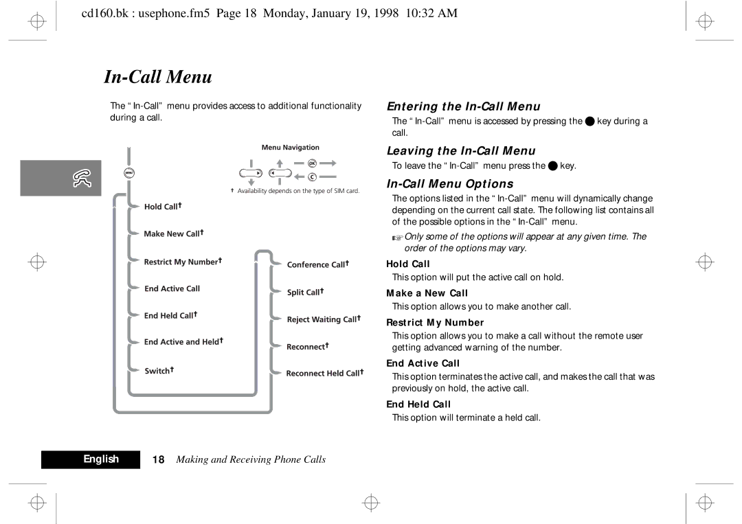 Motorola cd 160 manual Entering the In-Call Menu, Leaving the In-Call Menu, In-Call Menu Options 