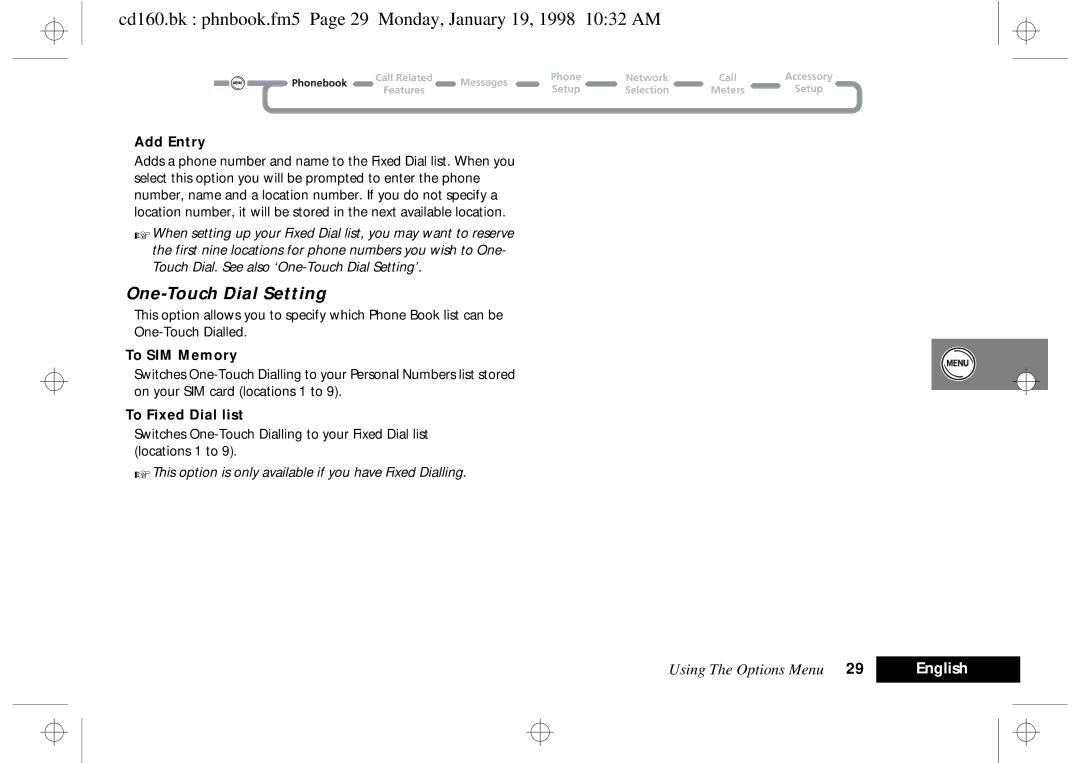 Motorola cd 160 manual One-Touch Dial Setting, To SIM Memory, To Fixed Dial list 