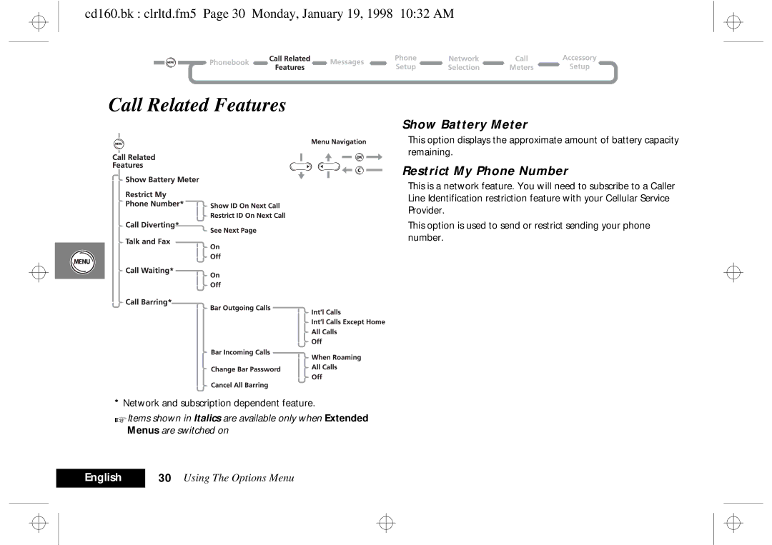 Motorola cd 160 manual Call Related Features, Show Battery Meter, Restrict My Phone Number 