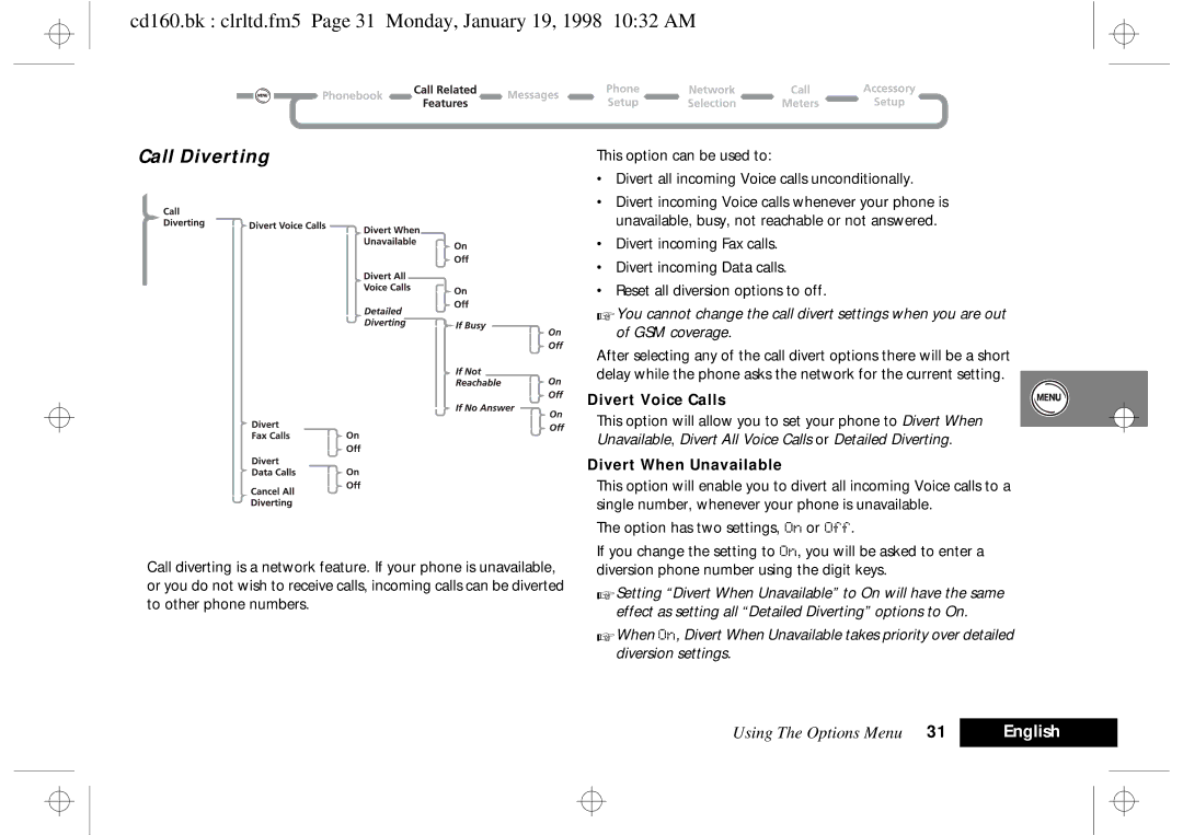 Motorola cd 160 manual Call Diverting, Divert Voice Calls, Divert When Unavailable 