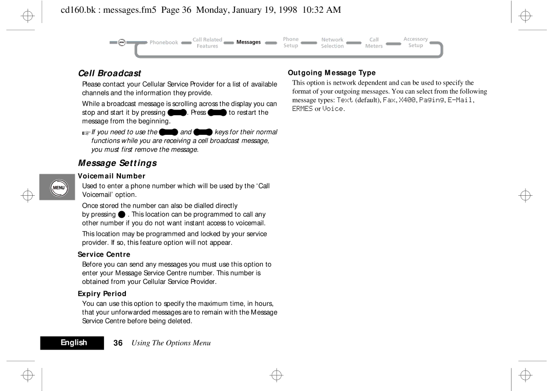 Motorola cd 160 manual Cell Broadcast, Message Settings 