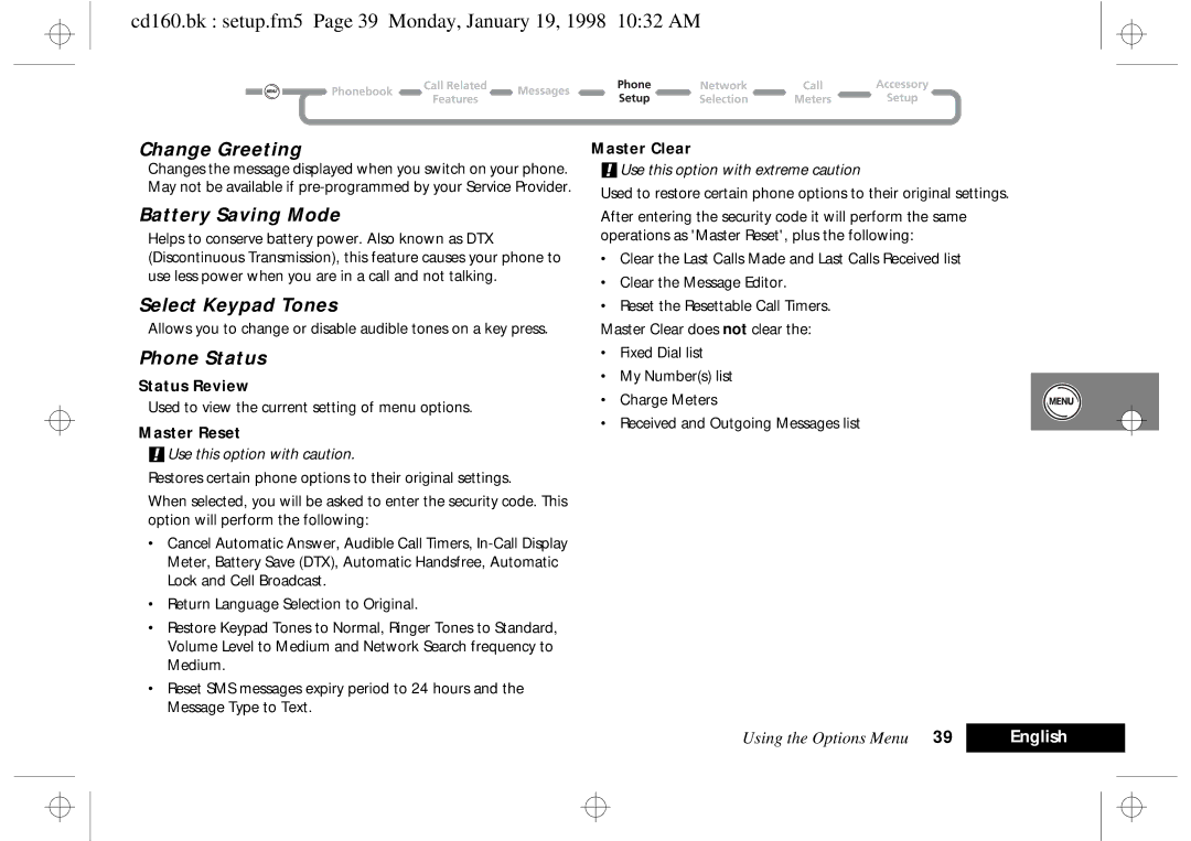 Motorola cd 160 manual Cd160.bk setup.fm5 Page 39 Monday, January 19, 1998 1032 AM, Change Greeting, Battery Saving Mode 