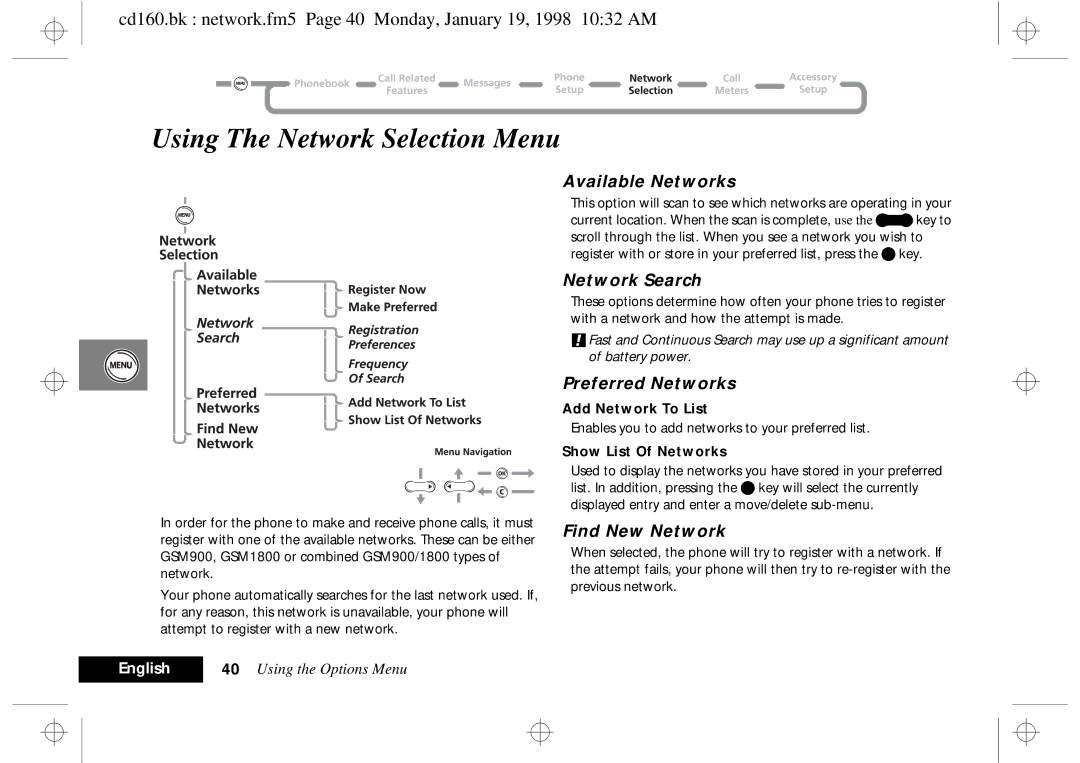 Motorola cd 160 Using The Network Selection Menu, Available Networks, Network Search, Preferred Networks, Find New Network 