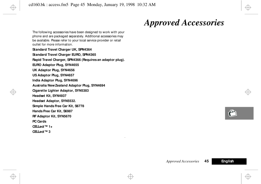 Motorola cd 160 manual Approved Accessories, Cd160.bk access.fm5 Page 45 Monday, January 19, 1998 1032 AM 