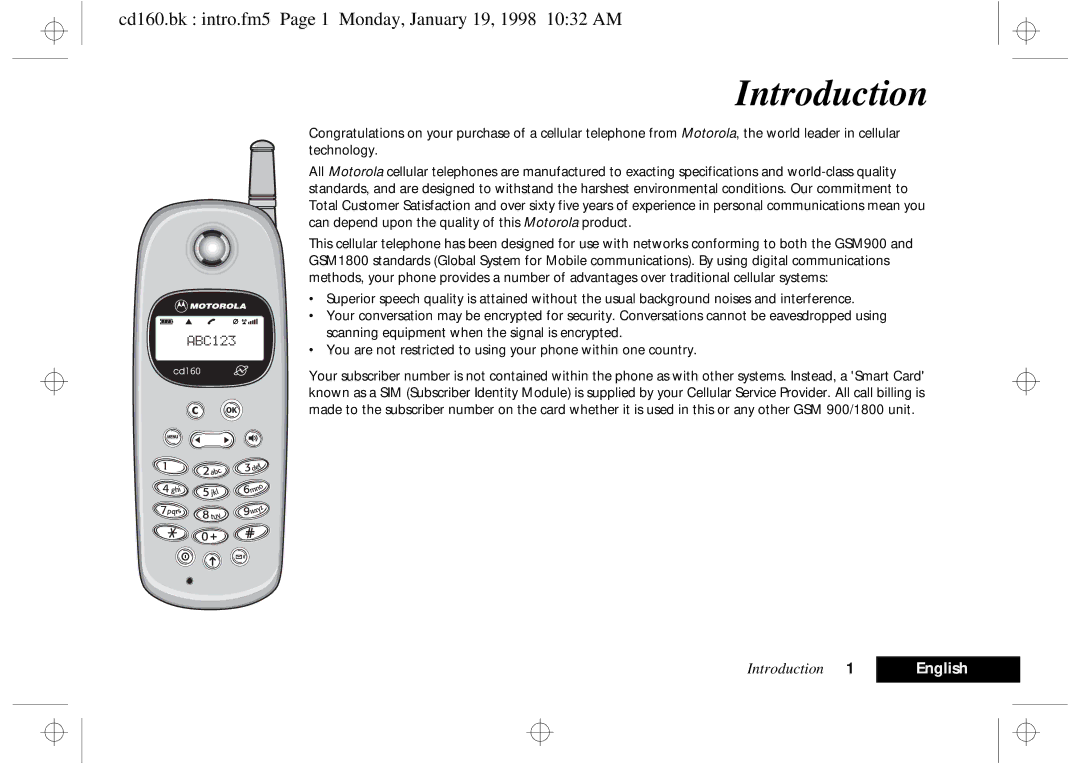 Motorola cd 160 manual Introduction, Cd160.bk intro.fm5 Page 1 Monday, January 19, 1998 1032 AM 