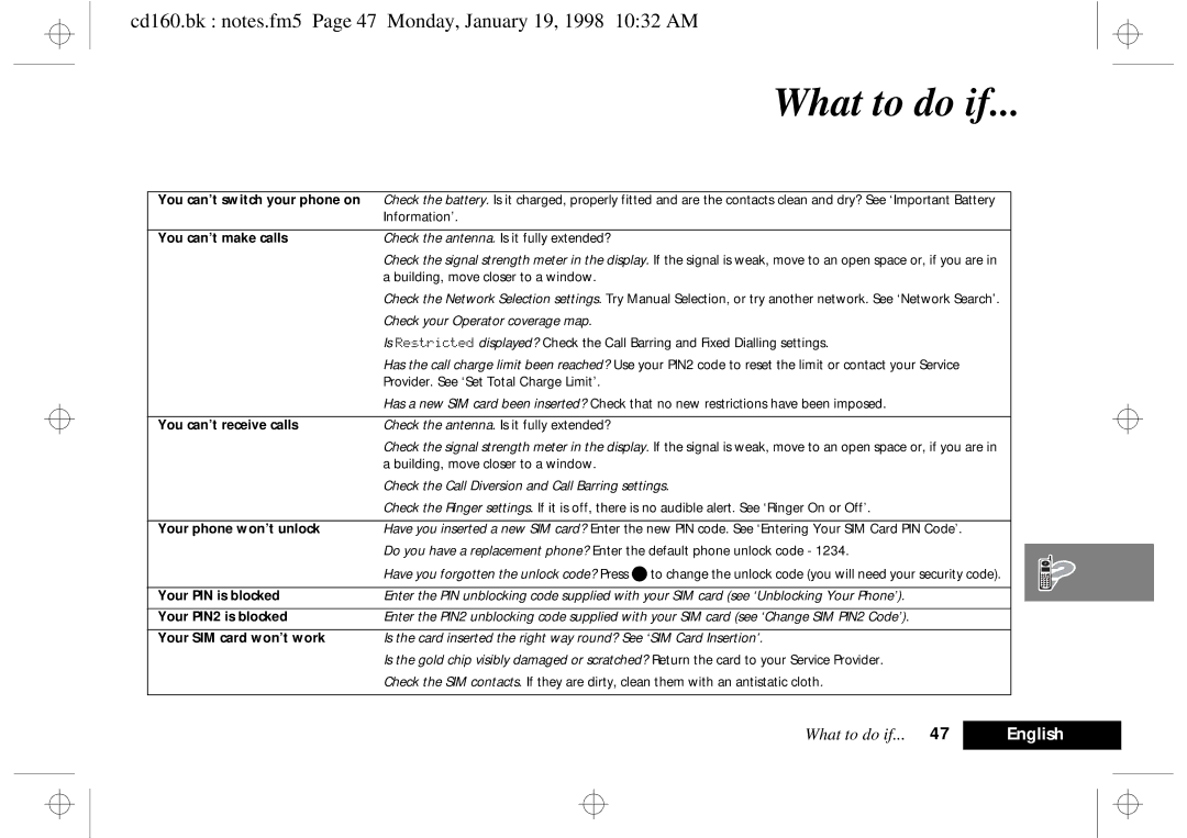 Motorola cd 160 manual What to do if, Cd160.bk notes.fm5 Page 47 Monday, January 19, 1998 1032 AM 