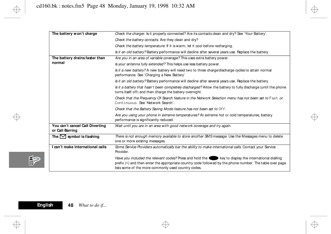 Motorola cd 160 manual Cd160.bk notes.fm5 Page 48 Monday, January 19, 1998 1032 AM, Battery won’t charge 