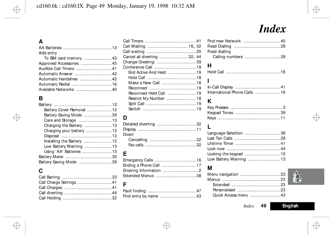 Motorola cd 160 manual Index, Cd160.bk cd160.IX Page 49 Monday, January 19, 1998 1032 AM 