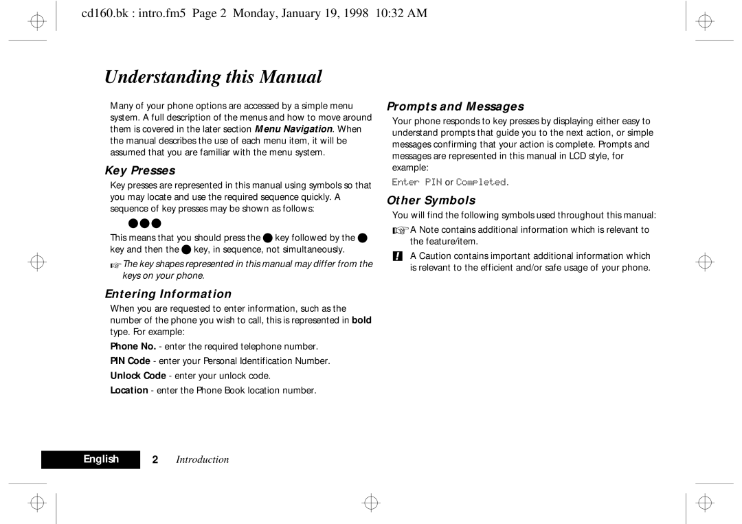 Motorola cd 160 manual Understanding this Manual, Cd160.bk intro.fm5 Page 2 Monday, January 19, 1998 1032 AM 