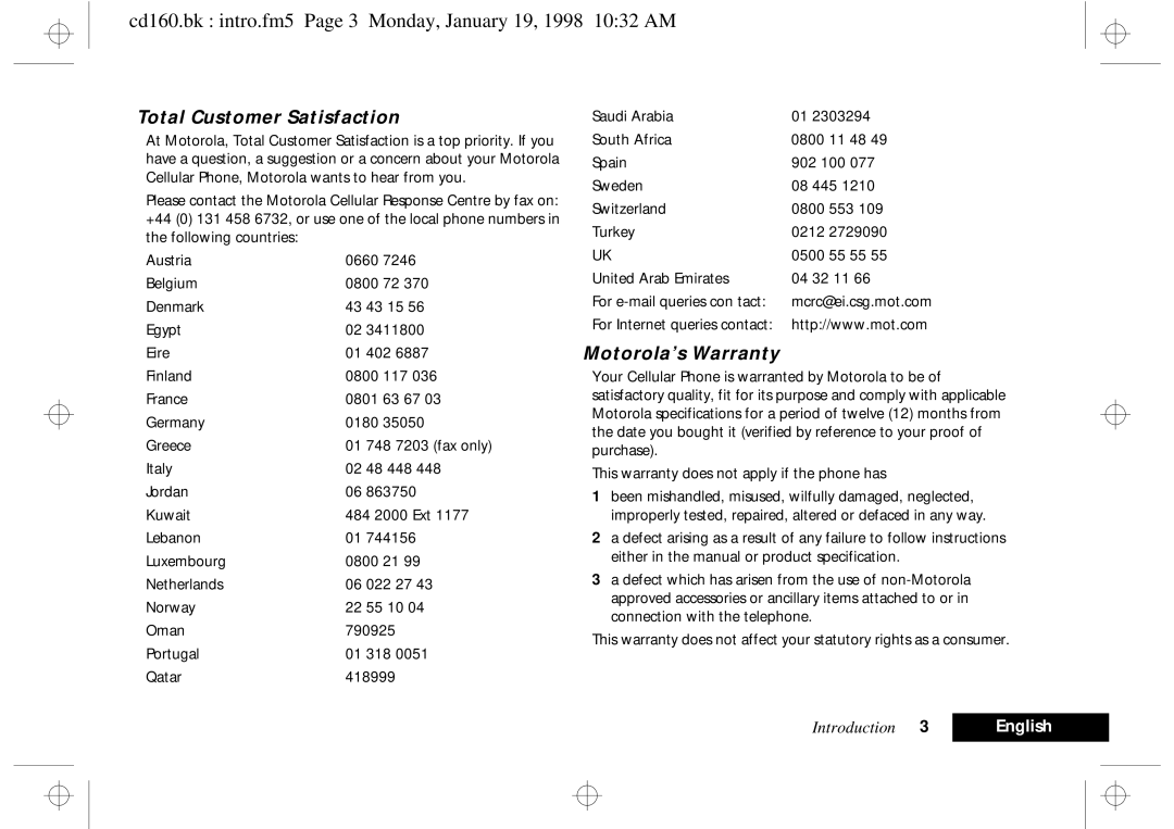 Motorola cd 160 manual Cd160.bk intro.fm5 Page 3 Monday, January 19, 1998 1032 AM, Total Customer Satisfaction 