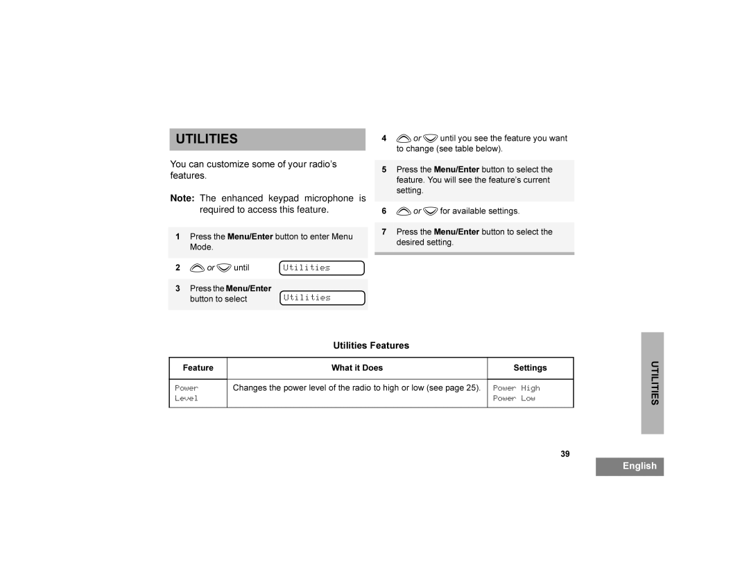 Motorola CDM1250 manual 87,/,7,6, Ihdwxuhv, 8WLOLWLHVHDWXUHV 