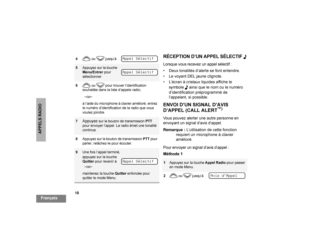 Motorola CDM1250 manual 192,¶816,*1$/¶$9,6 ¶$33/&$//$/57Œ, ‡ /Hyr\Dqw/Mdxqhfoljqrwh, 3RXUHQYR\HUXQVLJQDOG¶DYLVG¶DSSHO 