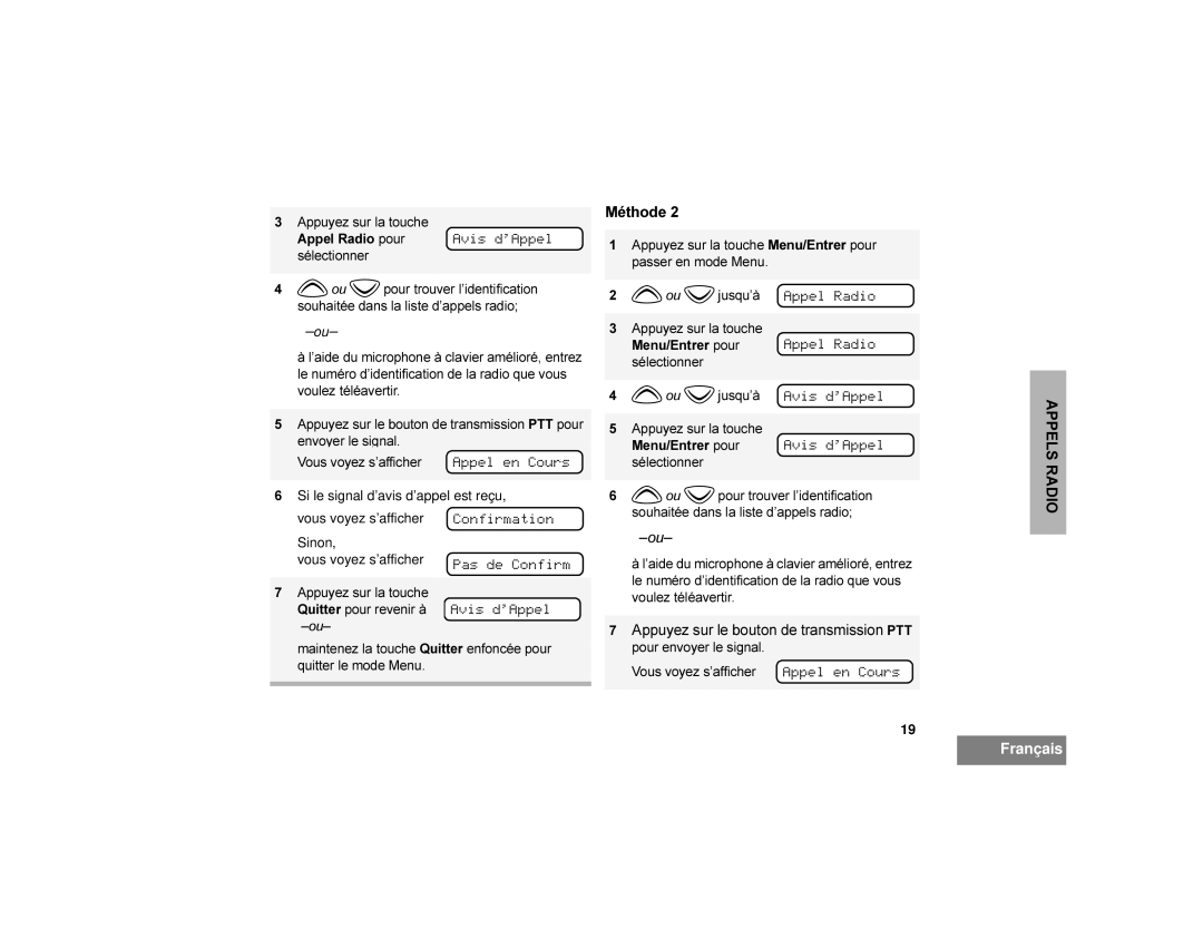 Motorola CDM1250 manual Avis d’Appel 