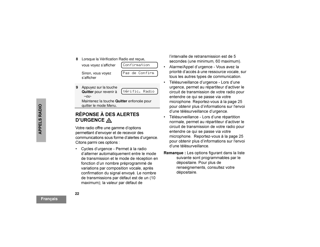 Motorola CDM1250 manual 5e3216¬6$/576 ¶85*1&E, Vhfrqghvxqhplqlpxppdlpxp, ‡ $ODUPH$SSHOG¶XUJHQFH9RXVDYHOD 