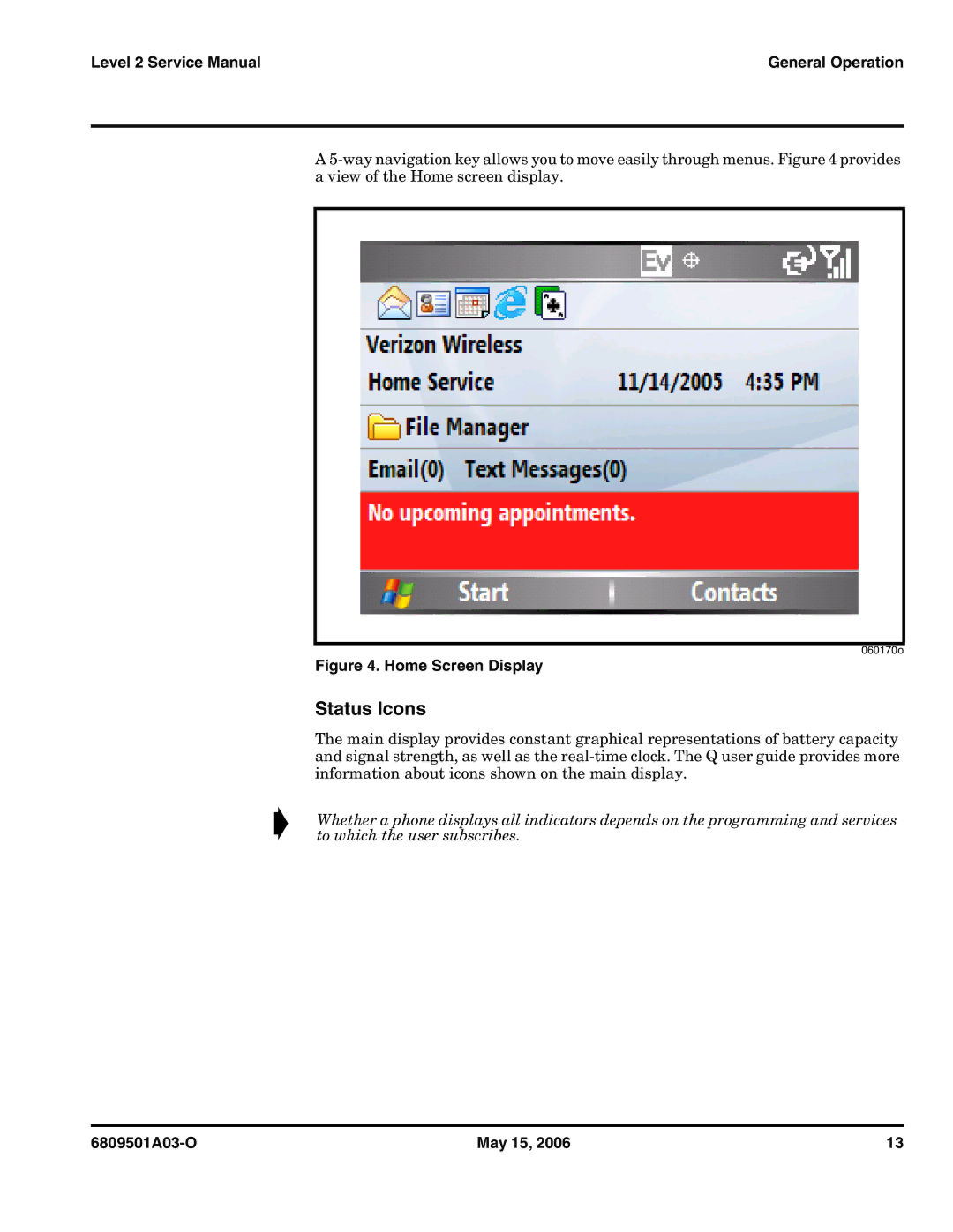 Motorola CDMA 800/1900 MHz service manual Status Icons, Home Screen Display 