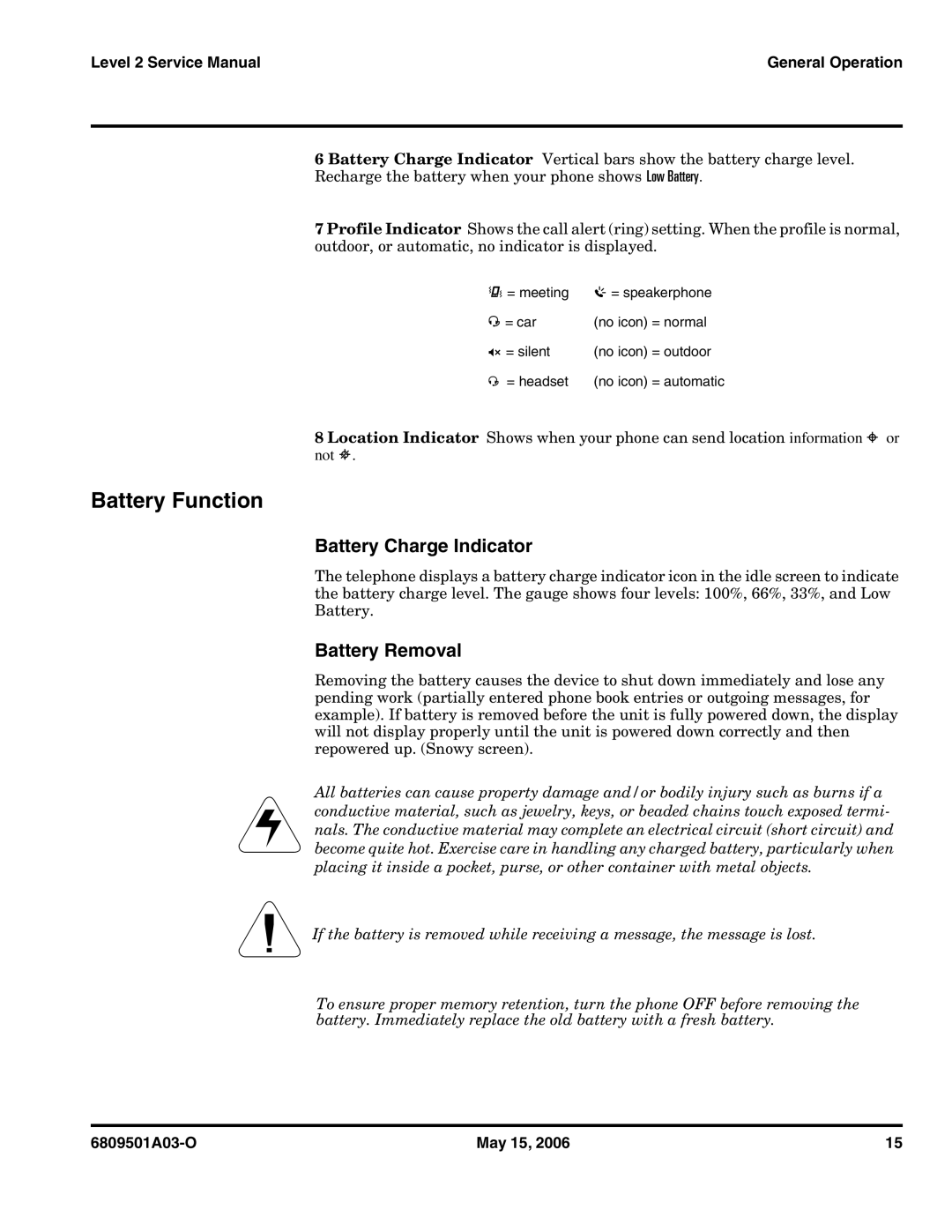 Motorola CDMA 800/1900 MHz service manual Battery Function, Battery Charge Indicator, Battery Removal 