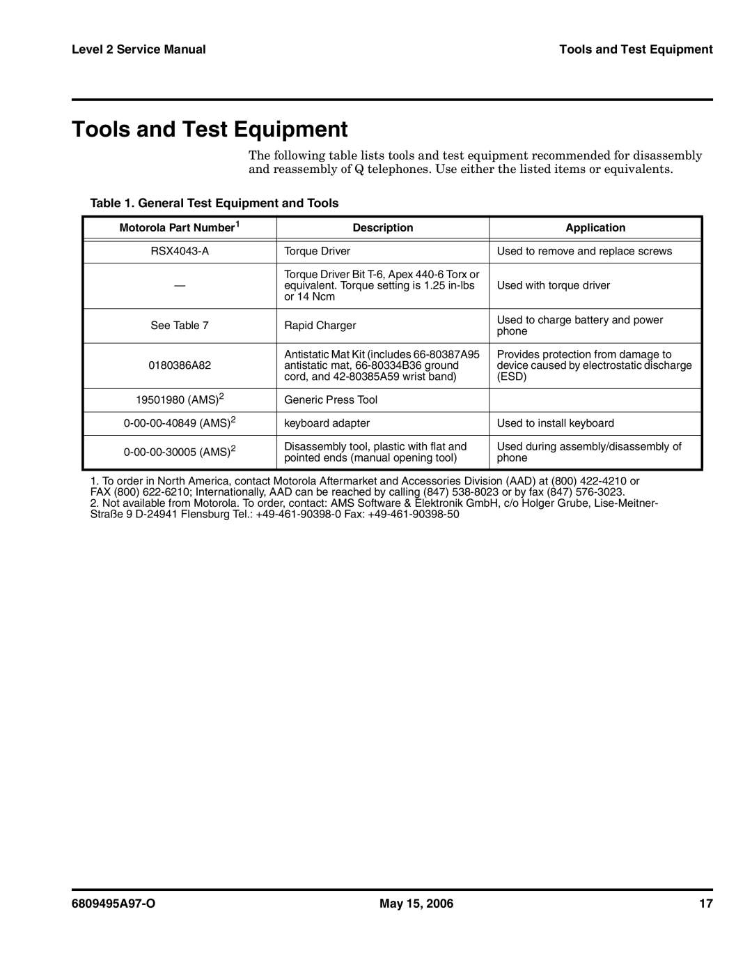 Motorola CDMA 800/1900 MHz service manual Tools and Test Equipment, General Test Equipment and Tools 