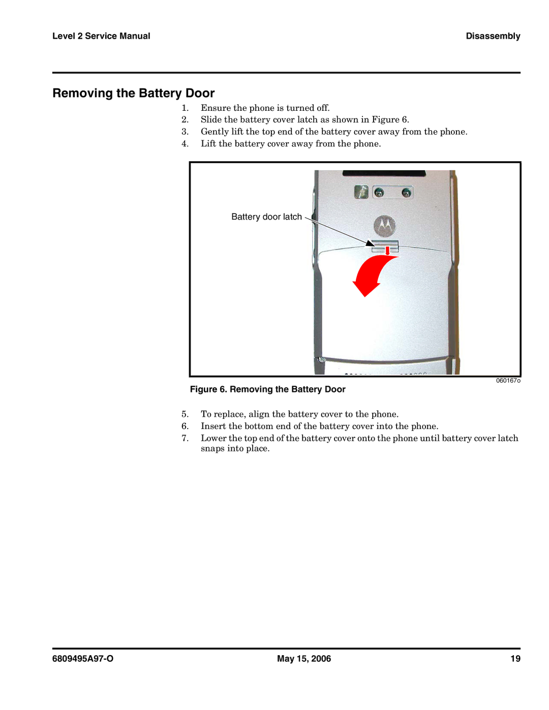 Motorola CDMA 800/1900 MHz service manual Removing the Battery Door, Battery door latch 