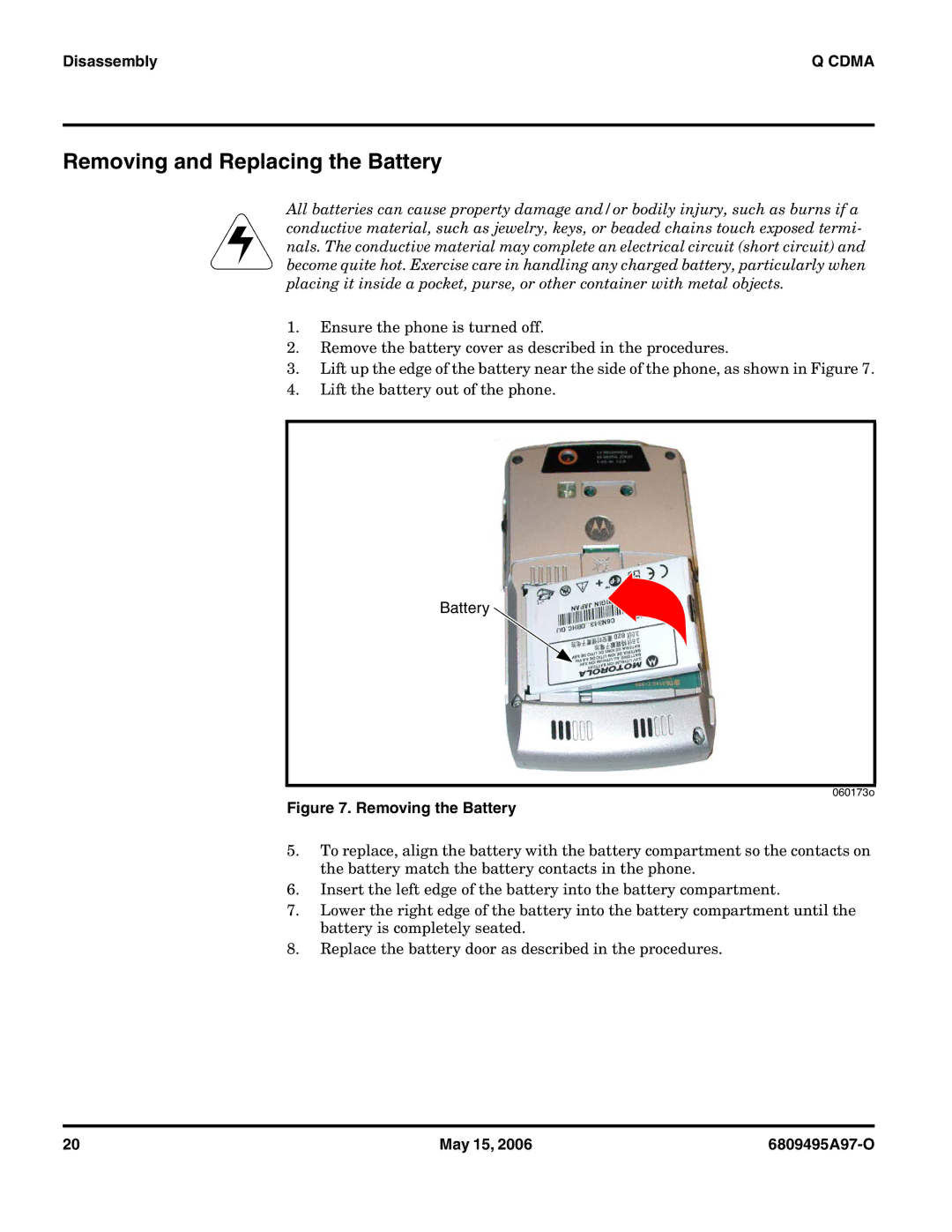 Motorola CDMA 800/1900 MHz service manual Removing and Replacing the Battery 