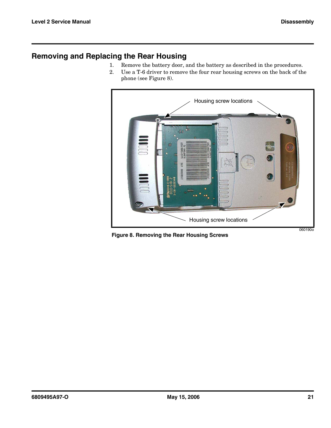 Motorola CDMA 800/1900 MHz service manual Removing and Replacing the Rear Housing, Housing screw locations 