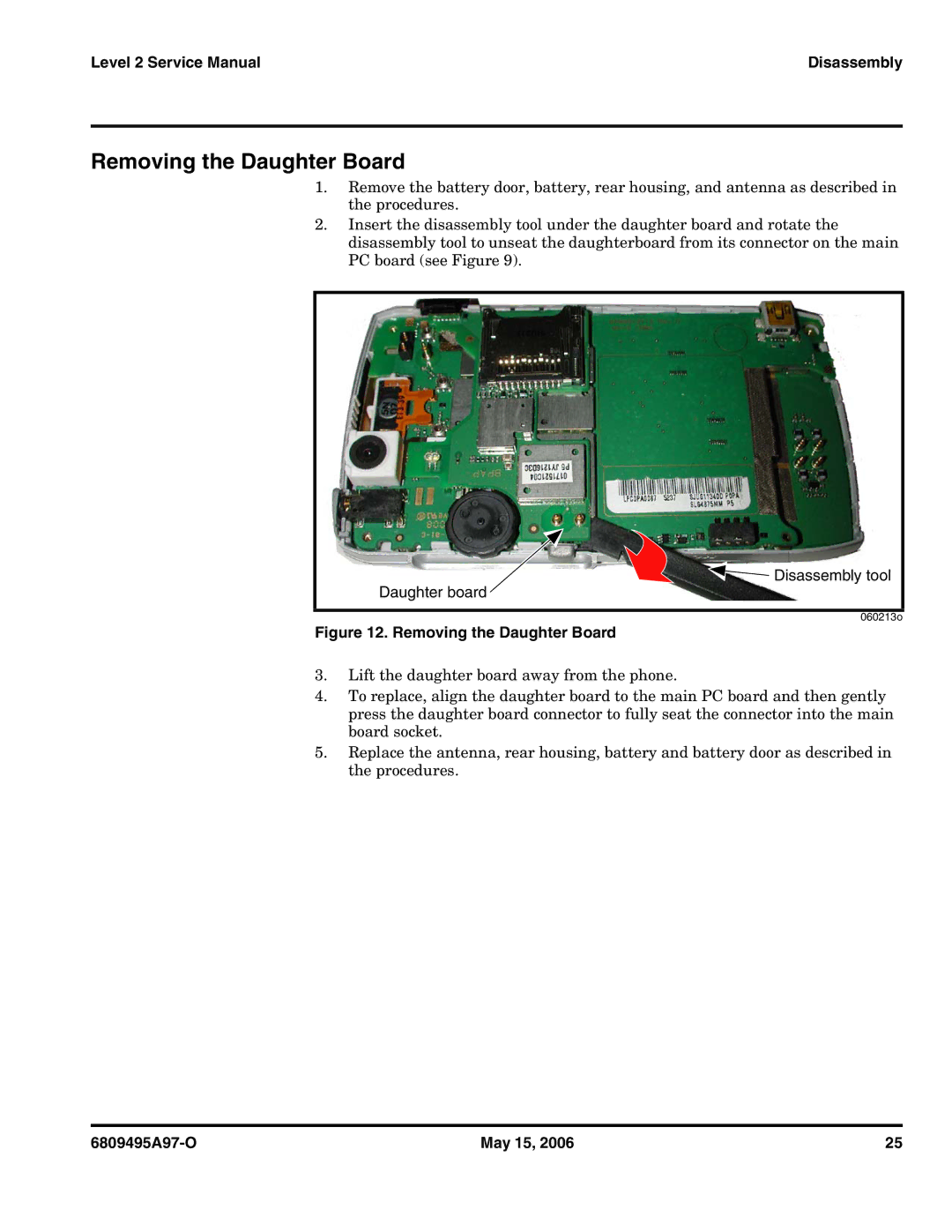 Motorola CDMA 800/1900 MHz service manual Removing the Daughter Board, Disassembly tool Daughter board 