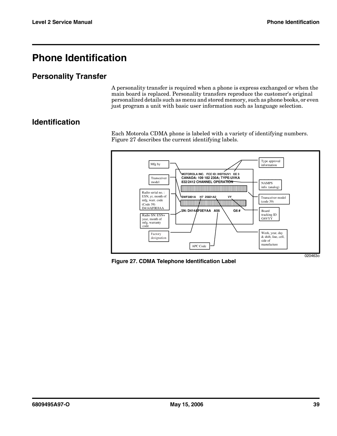 Motorola CDMA 800/1900 MHz service manual Phone Identification, Personality Transfer 