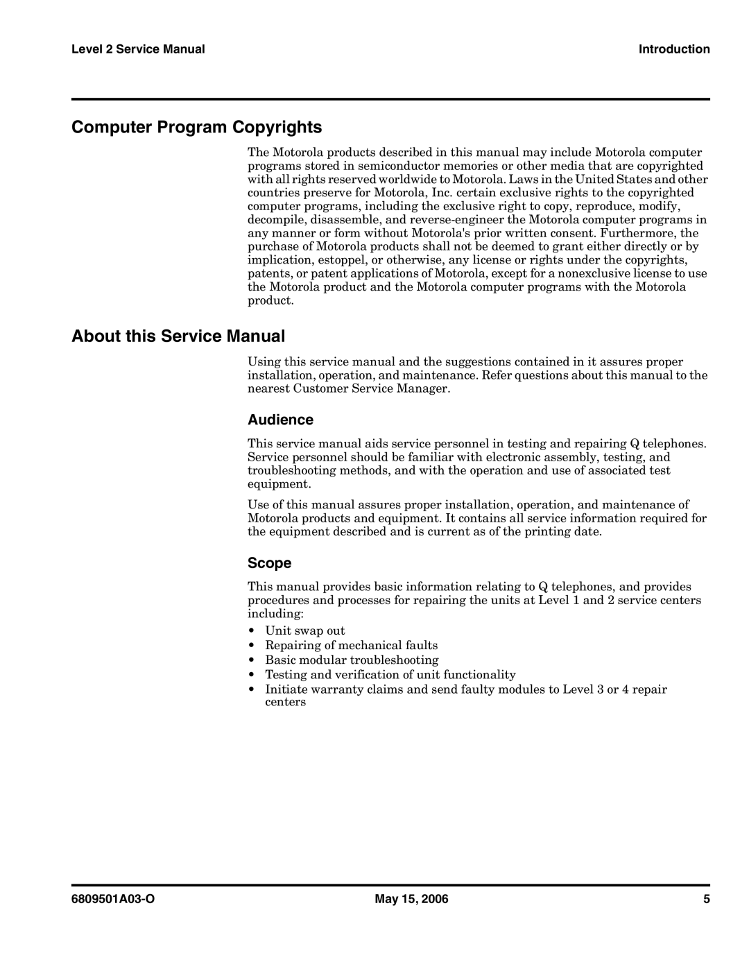 Motorola CDMA 800/1900 MHz service manual Computer Program Copyrights, Audience, Scope 