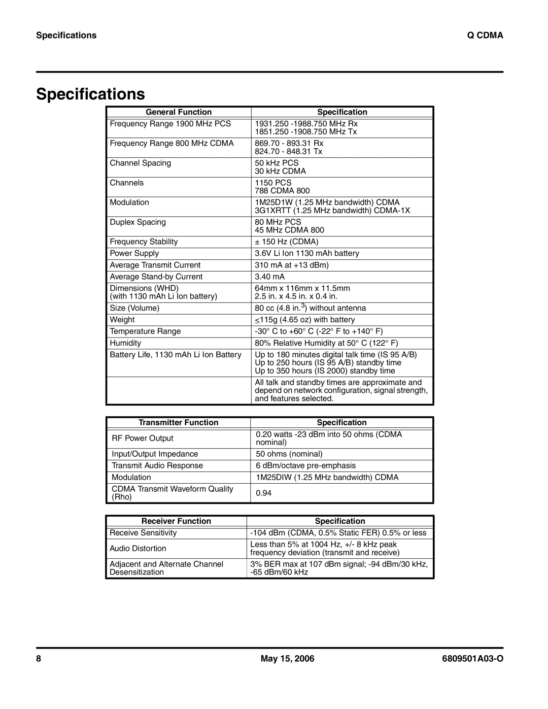 Motorola CDMA 800/1900 MHz service manual Specifications, General Function Specification 