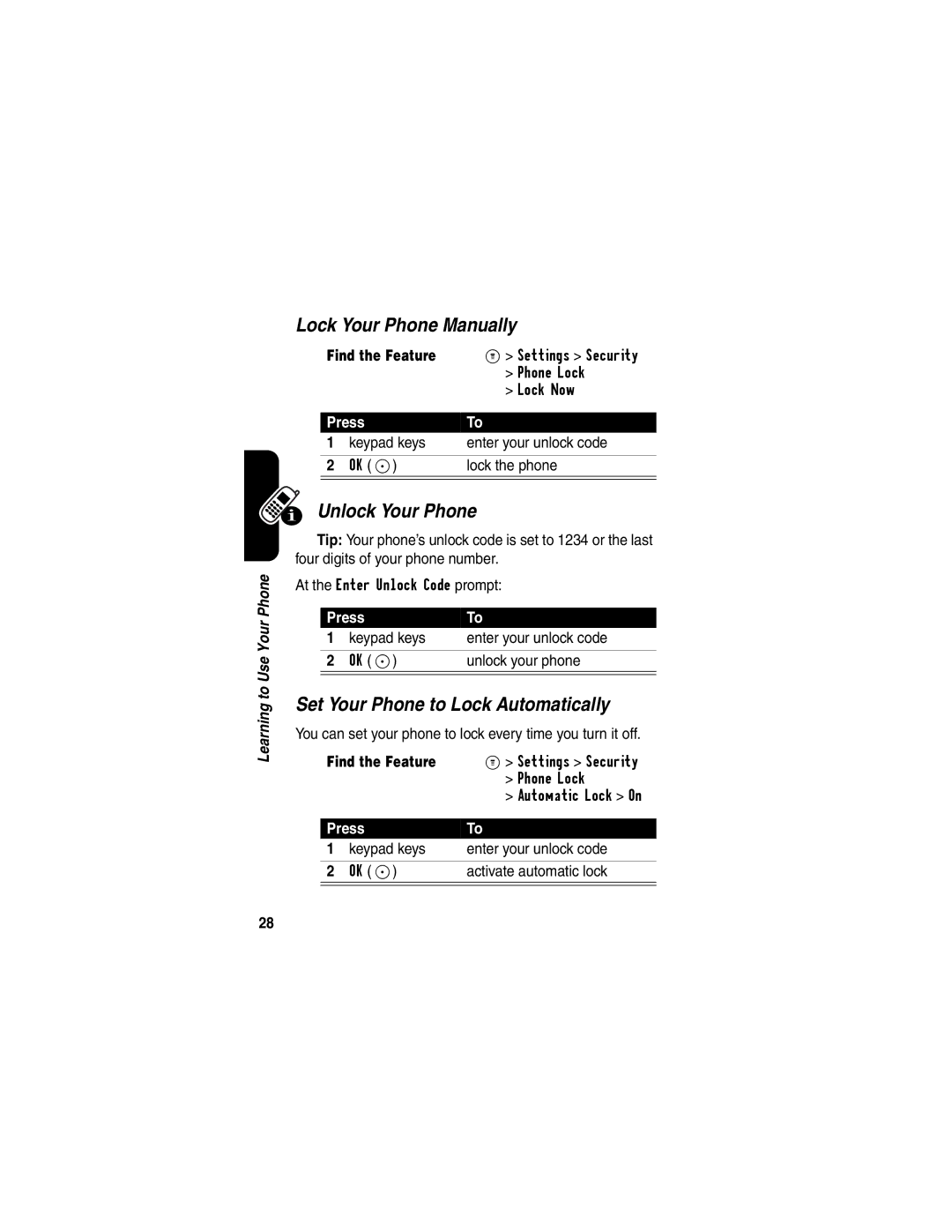Motorola CDMA, C341a manual Lock Your Phone Manually, Unlock Your Phone, Set Your Phone to Lock Automatically 